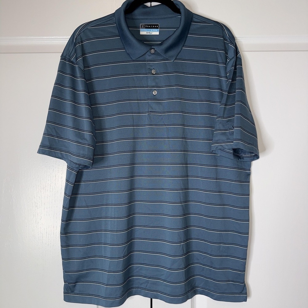 PGA TOUR Polo Shirt Mens XL Blue Striped Airflux Golf Knit Moisture Wicking